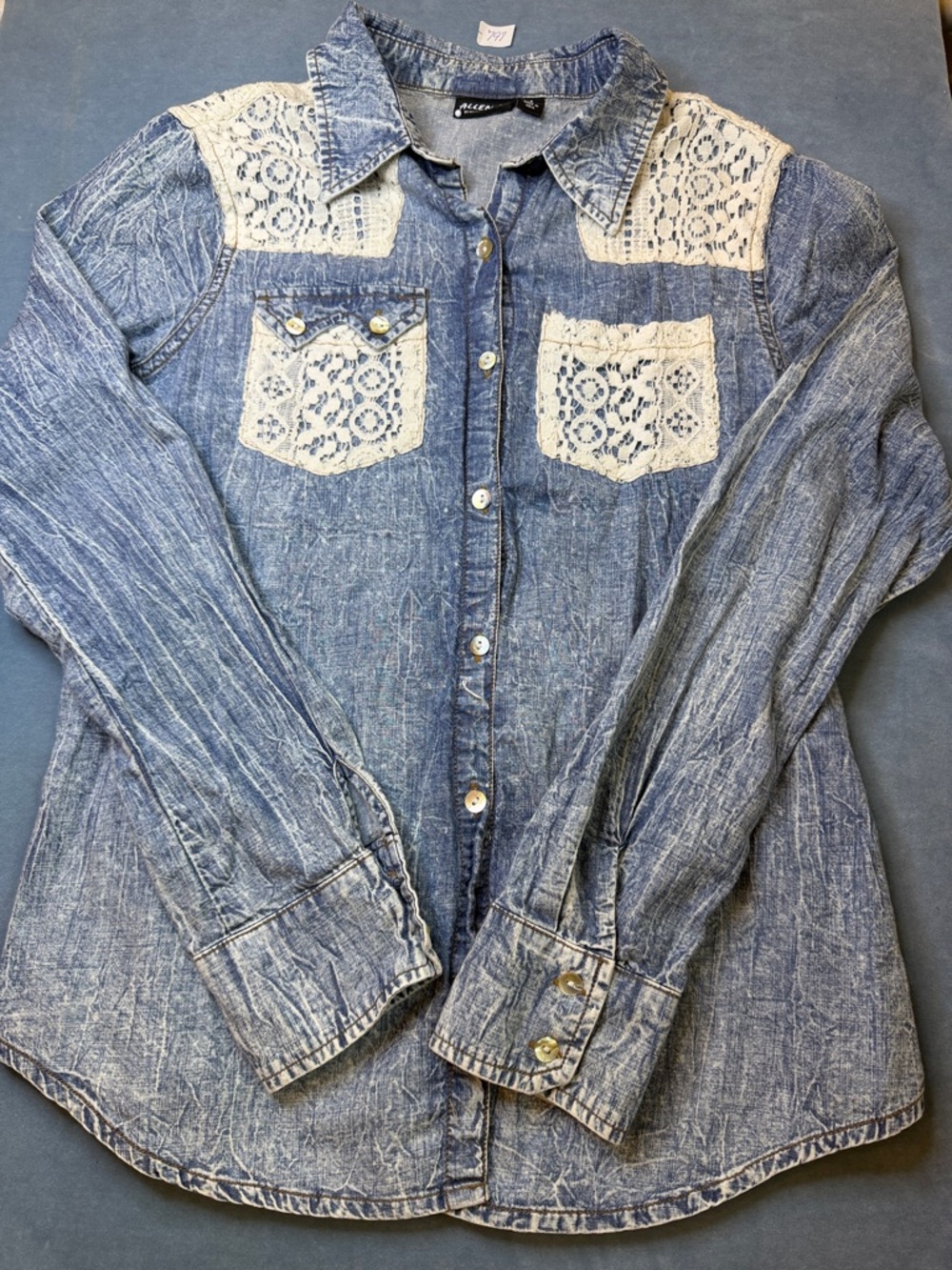 Allen B. By Allen Schwartz Distressed Blue Denim Shirt with Cream Lace Trim